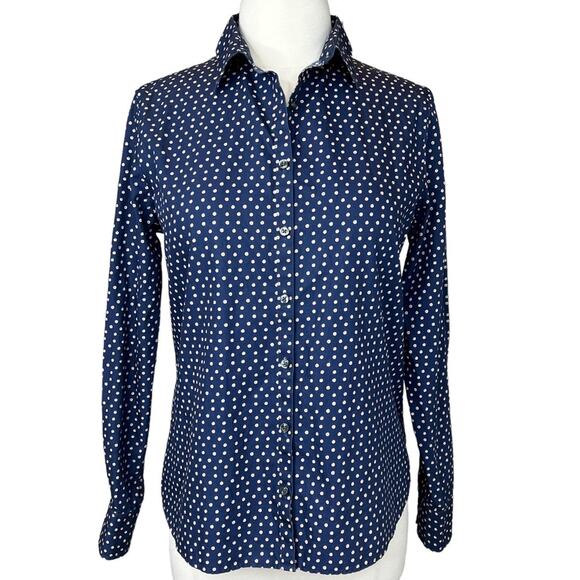 Lands' End Womens Navy Polka Dot No-Iron Supima Cotton Button-Up Shirt 10 - Picture 10 of 10